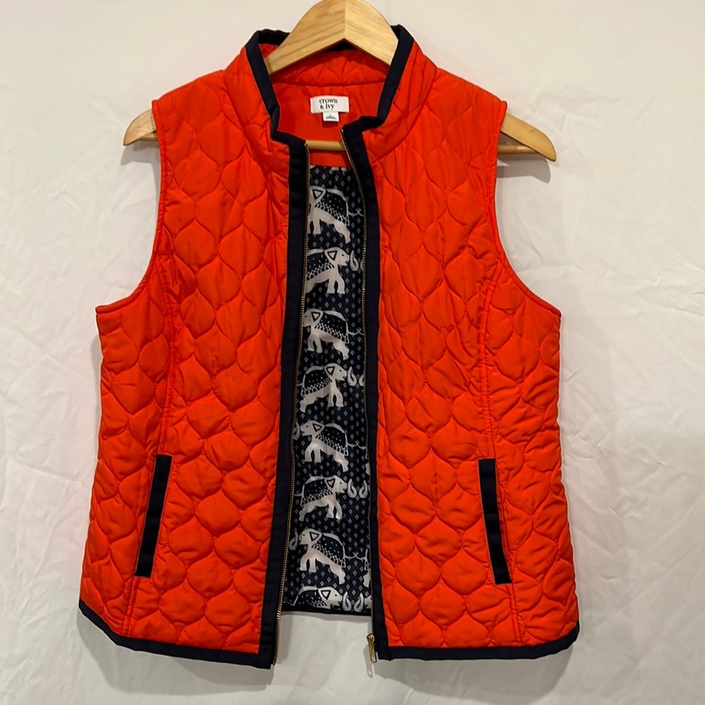 Crown & Ivy quilted vest. Size Large.  Orange and Navy.